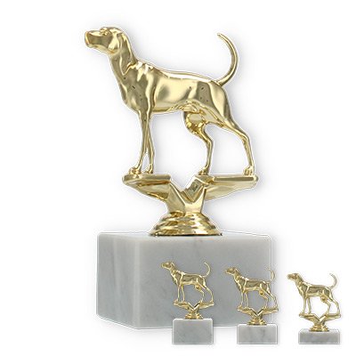 Pokal Kunststofffigur Coonhound gold auf weißem Marmorsockel