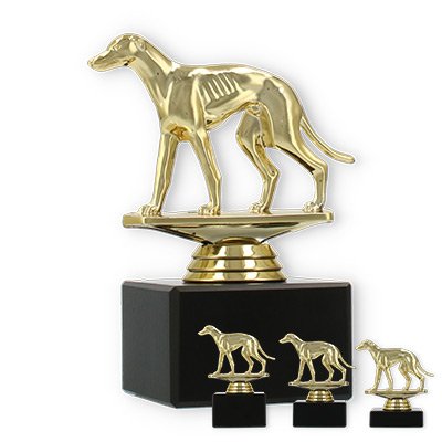 Pokal Kunststofffigur Windhund gold auf schwarzem Marmorsockel