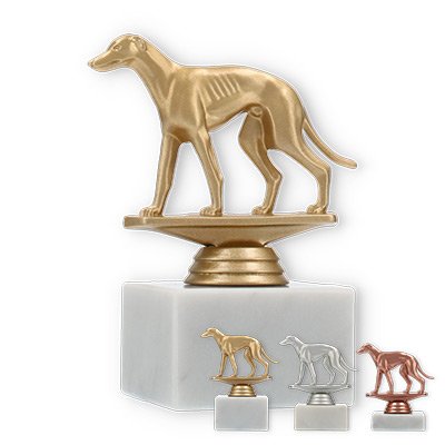 Pokal Kunststofffigur Windhund auf weißem Marmorsockel