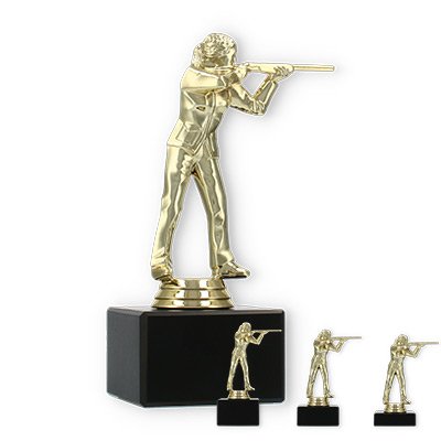 Pokal Kunststofffigur Gewehrschützin gold auf schwarzem Marmorsockel