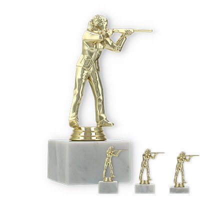 Pokal Kunststofffigur Gewehrschützin gold auf weißem Marmorsockel