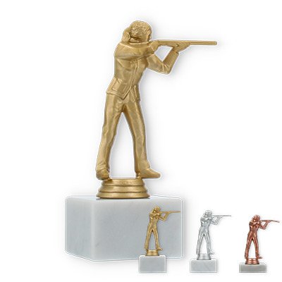 Trophy plastic figure rifle shot female on white marble base