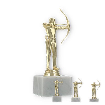 Pokal Kunststofffigur Bogenschütze gold auf weißem Marmorsockel
