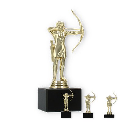 Pokal Kunststofffigur Bogenschützin gold auf schwarzem Marmorsockel