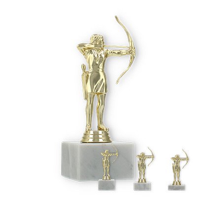Pokal Kunststofffigur Bogenschützin gold auf weißem Marmorsockel