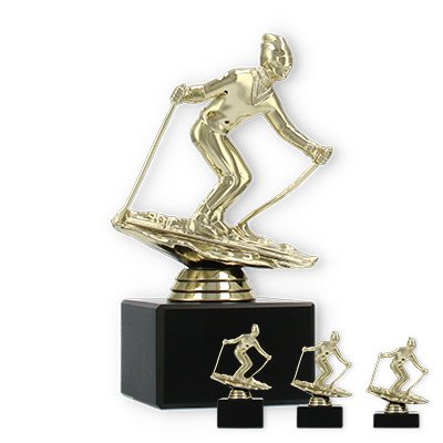 Pokal Kunststofffigur Ski Slalom gold auf schwarzem Marmorsockel