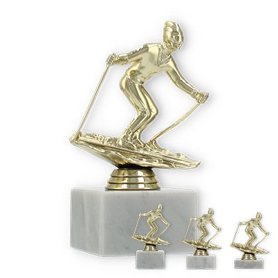 Pokal Kunststofffigur Ski Slalom gold auf weißem Marmorsockel