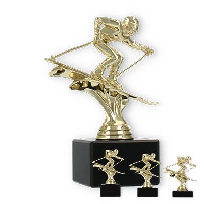 Trophy plastic figure skiing descent gold on black marble base
