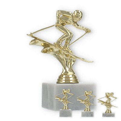 Trophy plastic figure skiing descent gold on white marble base