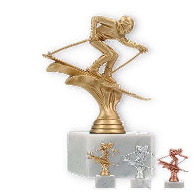 Trophy plastic figure skiing descent on white marble base