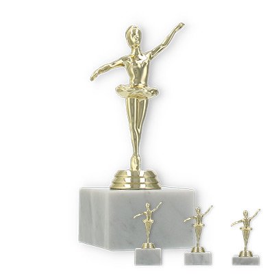Pokal Kunststofffigur Ballerina gold auf weißem Marmorsockel