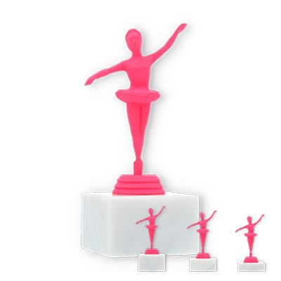 Troféu figura de plástico balerina rosa sobre base de mármore branco