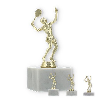 Pokal Kunststofffigur Tennisspielerin gold auf weißem Marmorsockel
