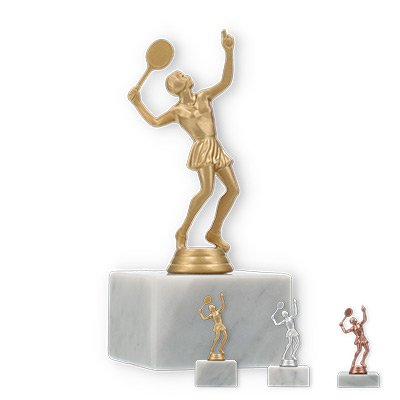 Trophy plastic figure tennis player on white marble base