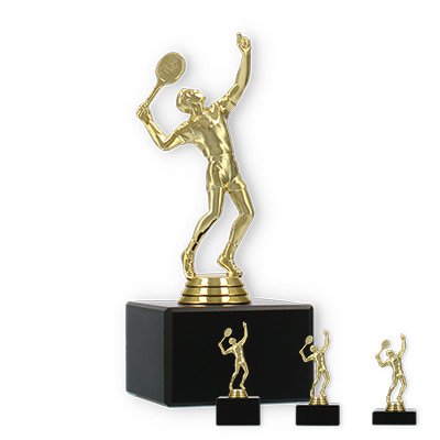 Pokal Kunststofffigur Tennisspieler gold auf schwarzem Marmorsockel