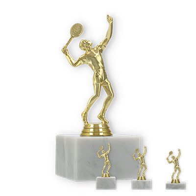 Pokal Kunststofffigur Tennisspieler gold auf weißem Marmorsockel