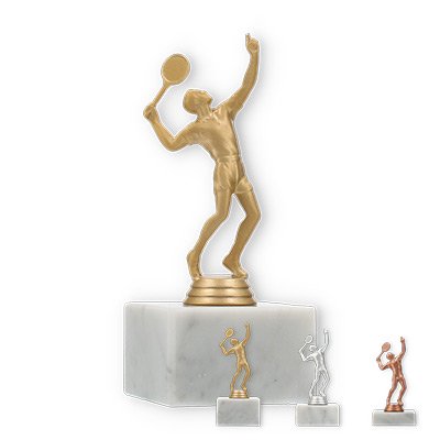 Trophy plastic figure tennis player on white marble base