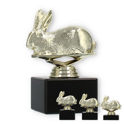 Pokal Kunststofffigur Hase gold auf schwarzem Marmorsockel