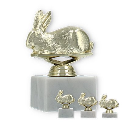 Pokal Kunststofffigur Hase gold auf weißem Marmorsockel
