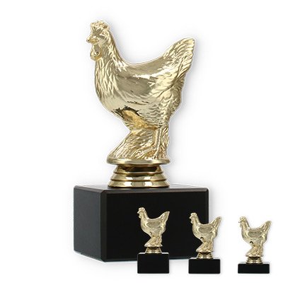 Pokal Kunststofffigur Huhn gold auf schwarzem Marmorsockel