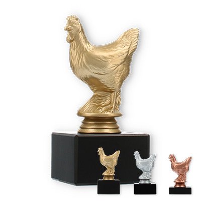 Pokal Kunststofffigur Huhn auf schwarzem Marmorsockel