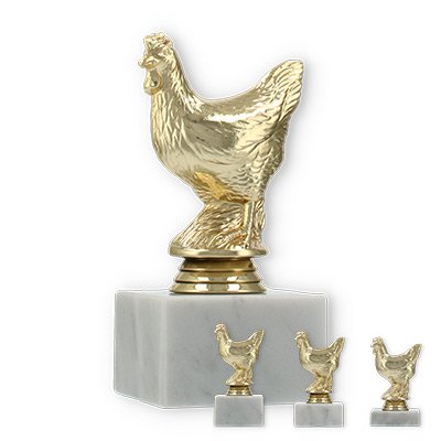 Pokal Kunststofffigur Huhn gold auf weißem Marmorsockel