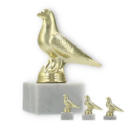 Pokal Kunststofffigur Taube gold auf weißem Marmorsockel