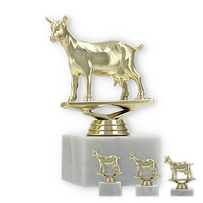 Pokal Kunststofffigur Ziege gold auf weißem Marmorsockel