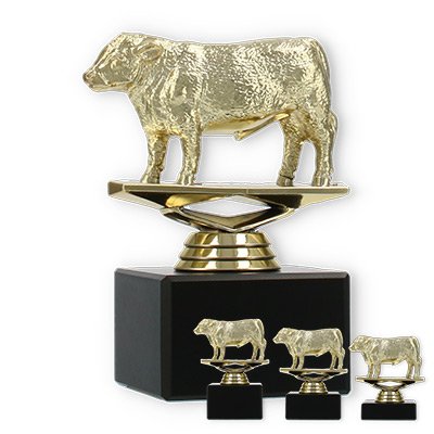 Trophy plastik figür Hereford boğası siyah mermer kaide üzerinde altın