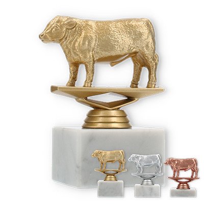 Trophy plastic figure hereford bull on white marble base