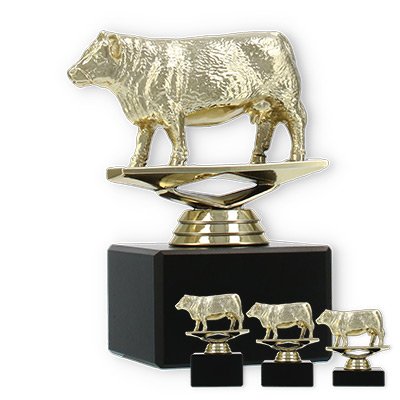 Trophy plastic figure Hereford cow gold on black marble base