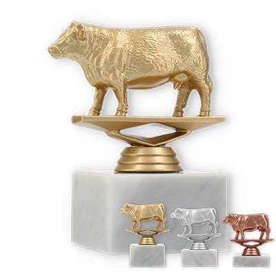 Trofeo figura de plástico vaca Hereford sobre base de mármol blanco