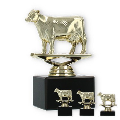Pokal Kunststofffigur Kuh gold auf schwarzem Marmorsockel