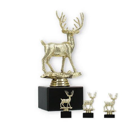 Pokal Kunststofffigur Hirsch gold auf schwarzem Marmorsockel