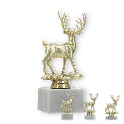 Trofeo figura de plástico ciervo dorado sobre base de mármol blanco