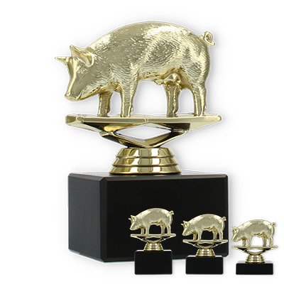 Pokal Kunststofffigur Schwein gold auf schwarzem Marmorsockel