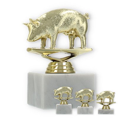 Pokal Kunststofffigur Schwein gold auf weißem Marmorsockel