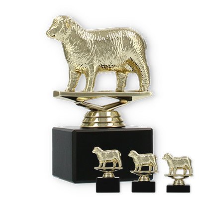 Pokal Kunststofffigur Schaf gold auf schwarzem Marmorsockel