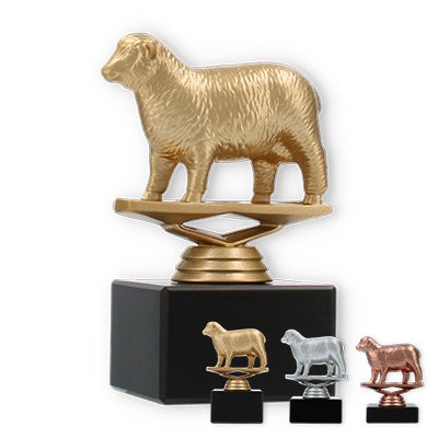 Pokal Kunststofffigur Schaf auf schwarzem Marmorsockel