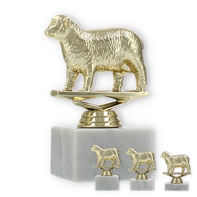 Pokal Kunststofffigur Schaf gold auf weißem Marmorsockel