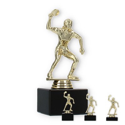 Pokal Kunststofffigur Tischtennisspielerin gold auf schwarzem Marmorsockel