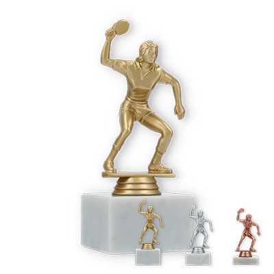 Pokal Kunststofffigur Tischtennisspielerin auf weißem Marmorsockel