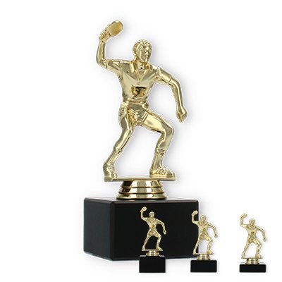 Pokal Kunststofffigur Tischtennisspieler gold auf schwarzem Marmorsockel