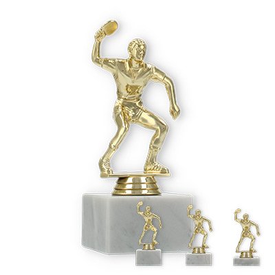 Pokal Kunststofffigur Tischtennisspieler gold auf weißem Marmorsockel