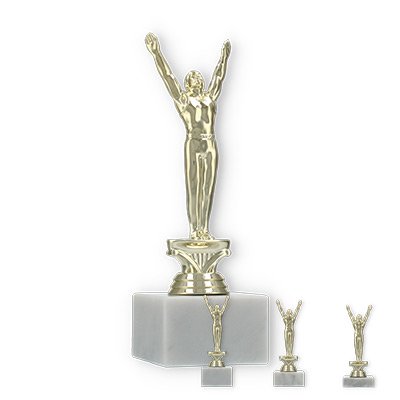 Pokal Kunststofffigur Turnen Herren gold auf weißem Marmorsockel