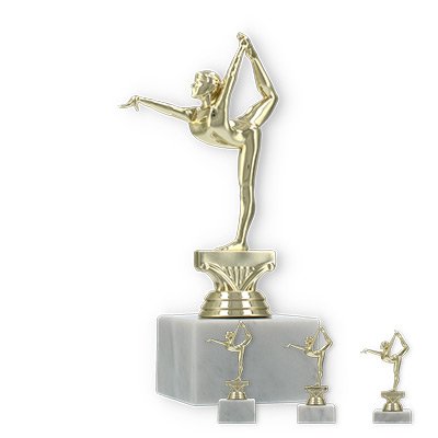 Pokal Kunststofffigur Turnen Damen gold auf weißem Marmorsockel