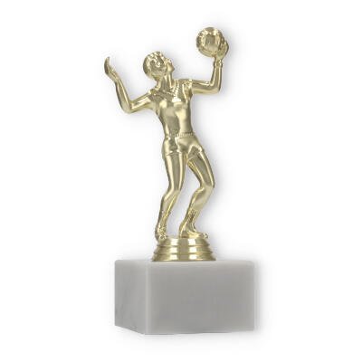 Pokal Kunststofffigur Volleyballspielerin gold auf weißem Marmorsockel