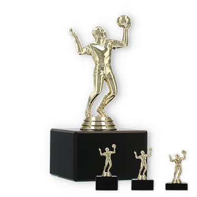 Pokal Kunststofffigur Volleyballspieler gold auf schwarzem Marmorsockel