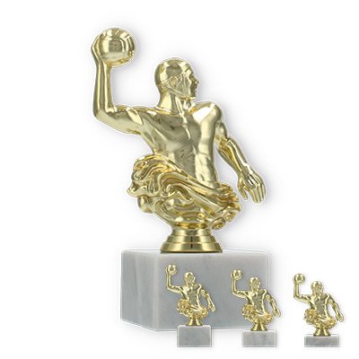 Pokal Kunststofffigur Wasserballer gold auf weißem Marmorsockel