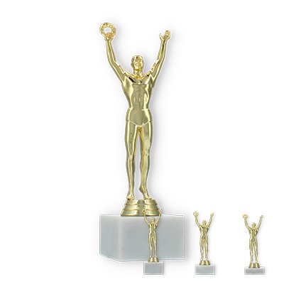 Pokal Kunststofffigur Sieger gold auf weißem Marmorsockel